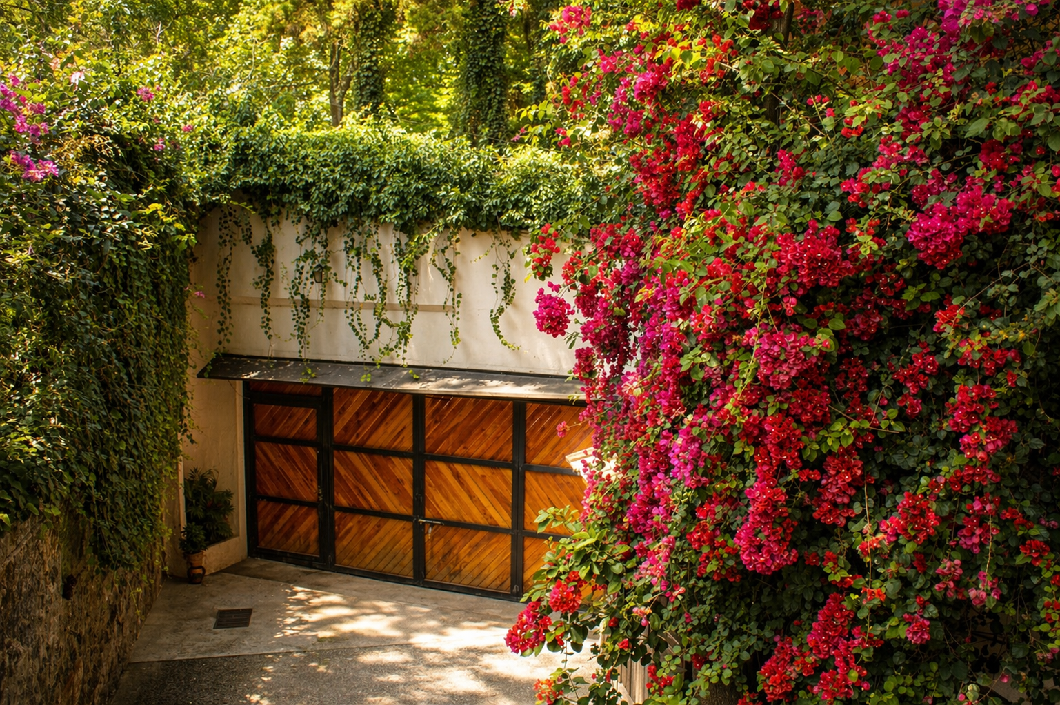 Casa Bugambilias — Fachada exterior con bugambilias
